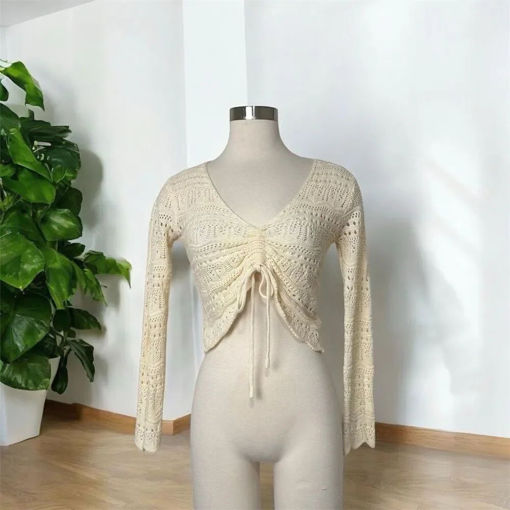 Ultra Flirt Cream Ivory Top Button Crochet Small Ruched Tie Crop Bell Sleeve